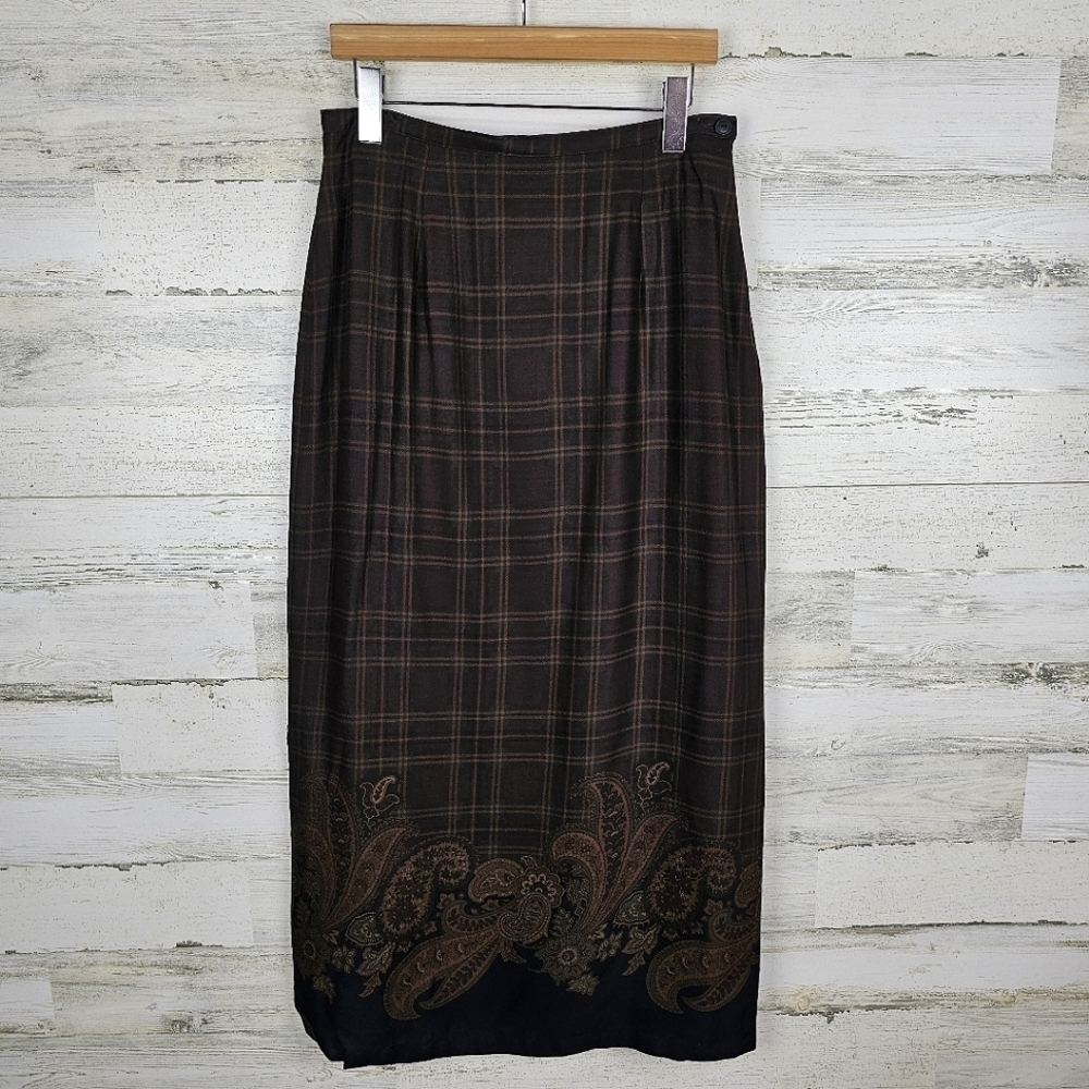 VTG Breeches Tartan Plaid Wool Blend Maxi Skirt Sz 12 Brown Paisley Academia - Picture 2 of 15